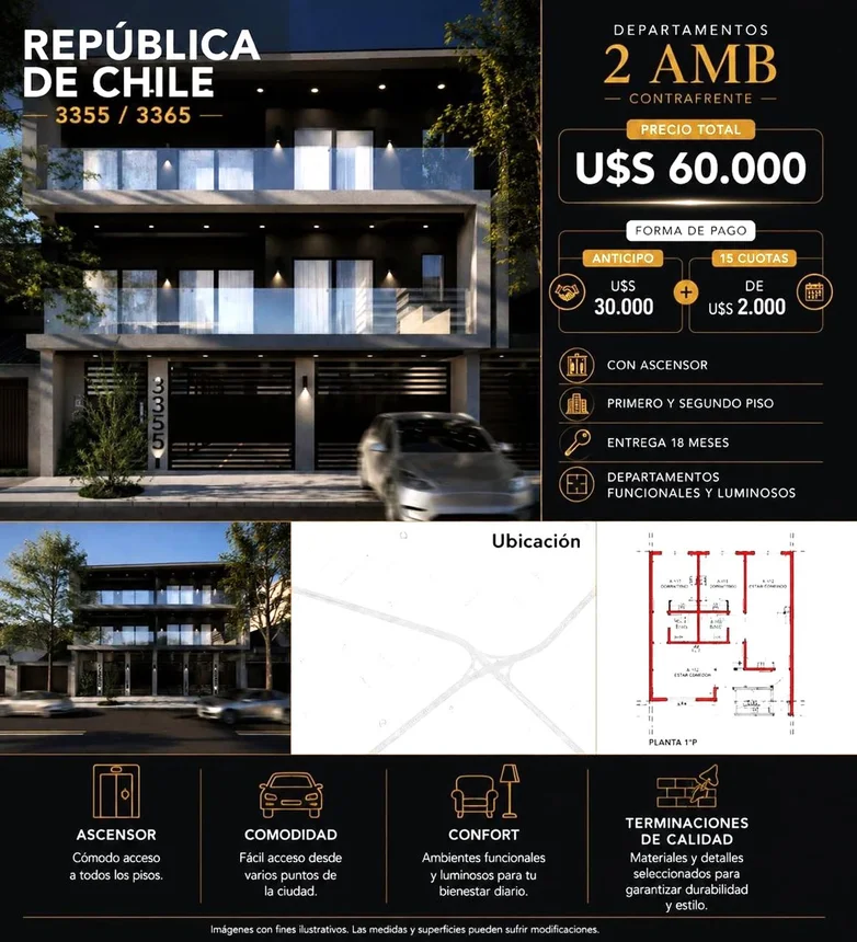 Departamento de 2 ambientes en venta en San Justo, República de Chile 3500