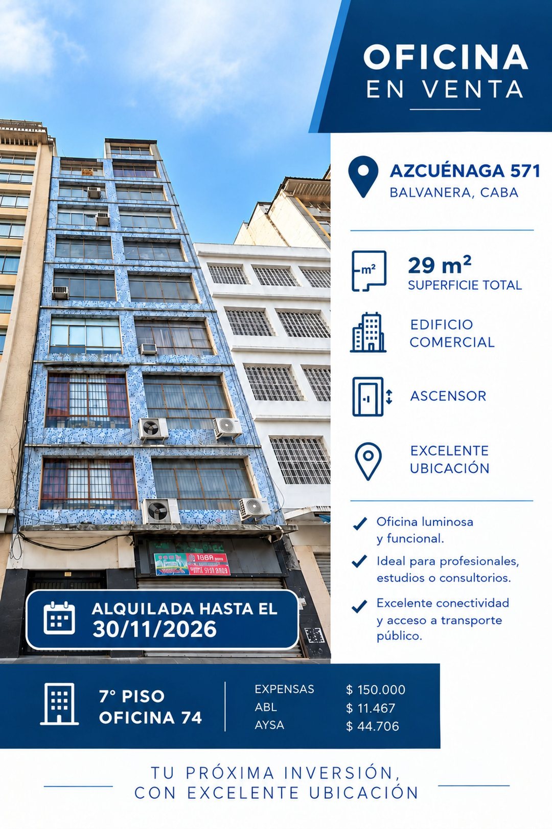 OFICINA DE 29M2 EN VENTA BALVANERA - PISO 7